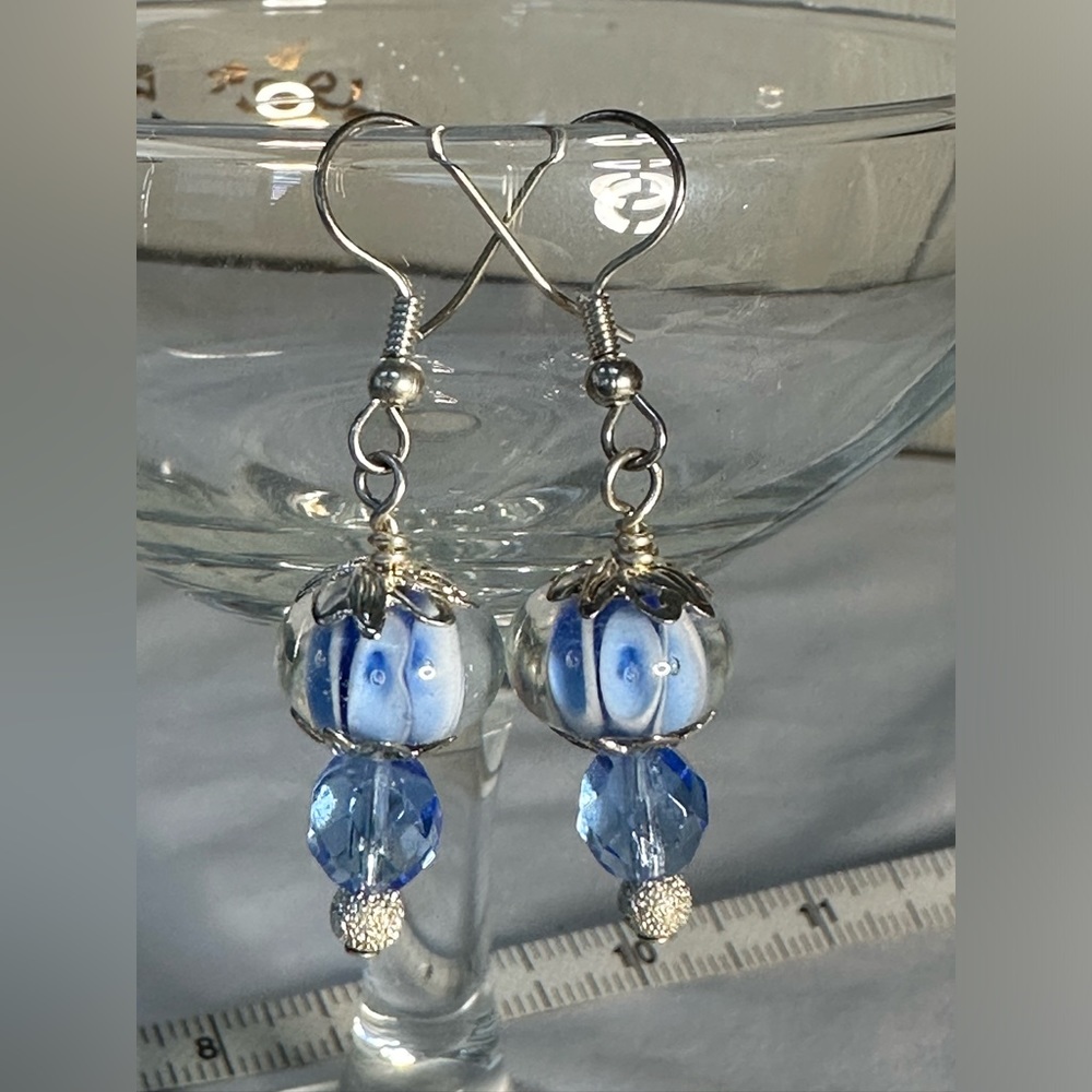 Silvertone blue glass bead dangle earrings
